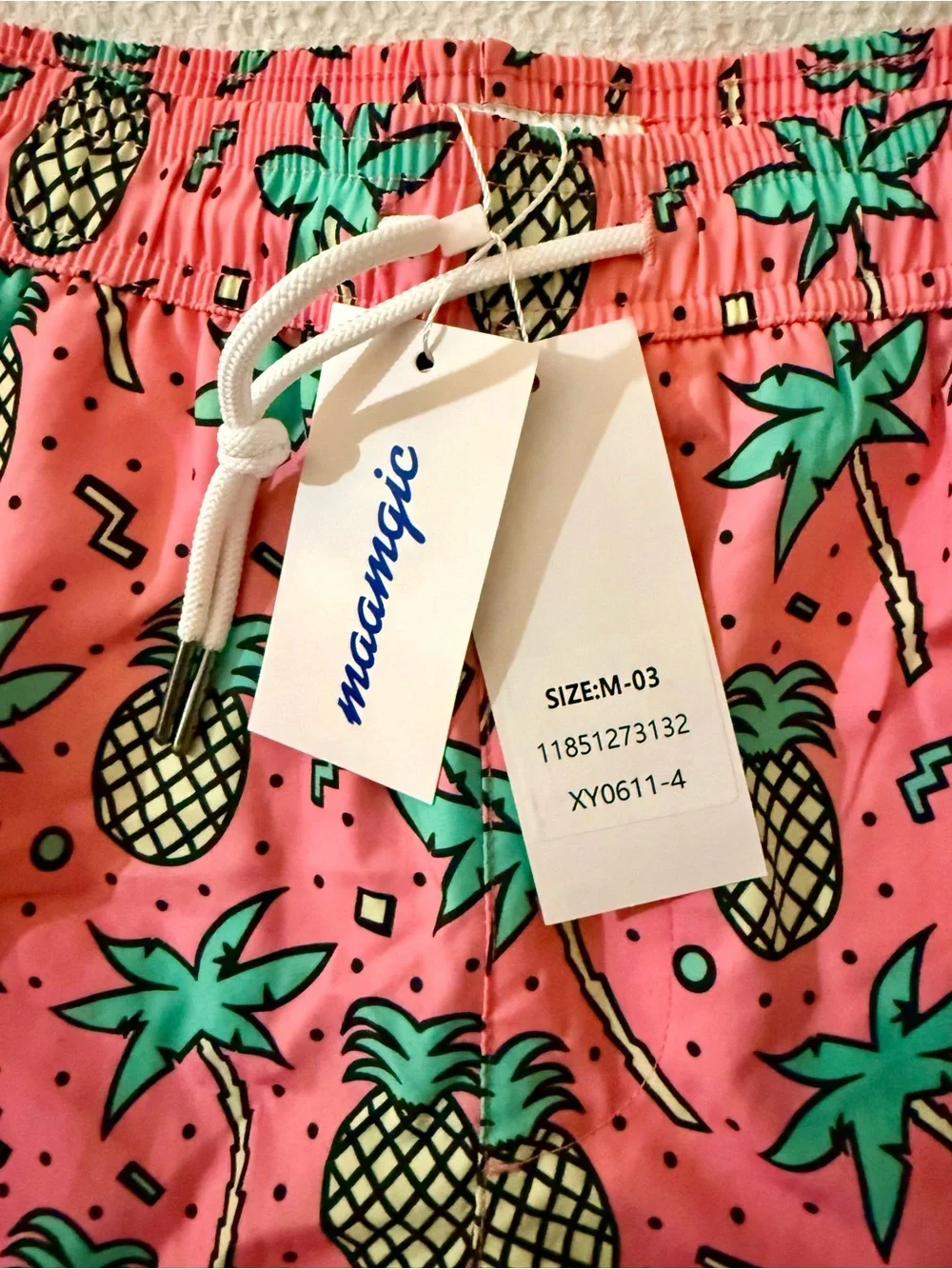 Men's Pink Pineapple Print Swim Trunks with Green Accents